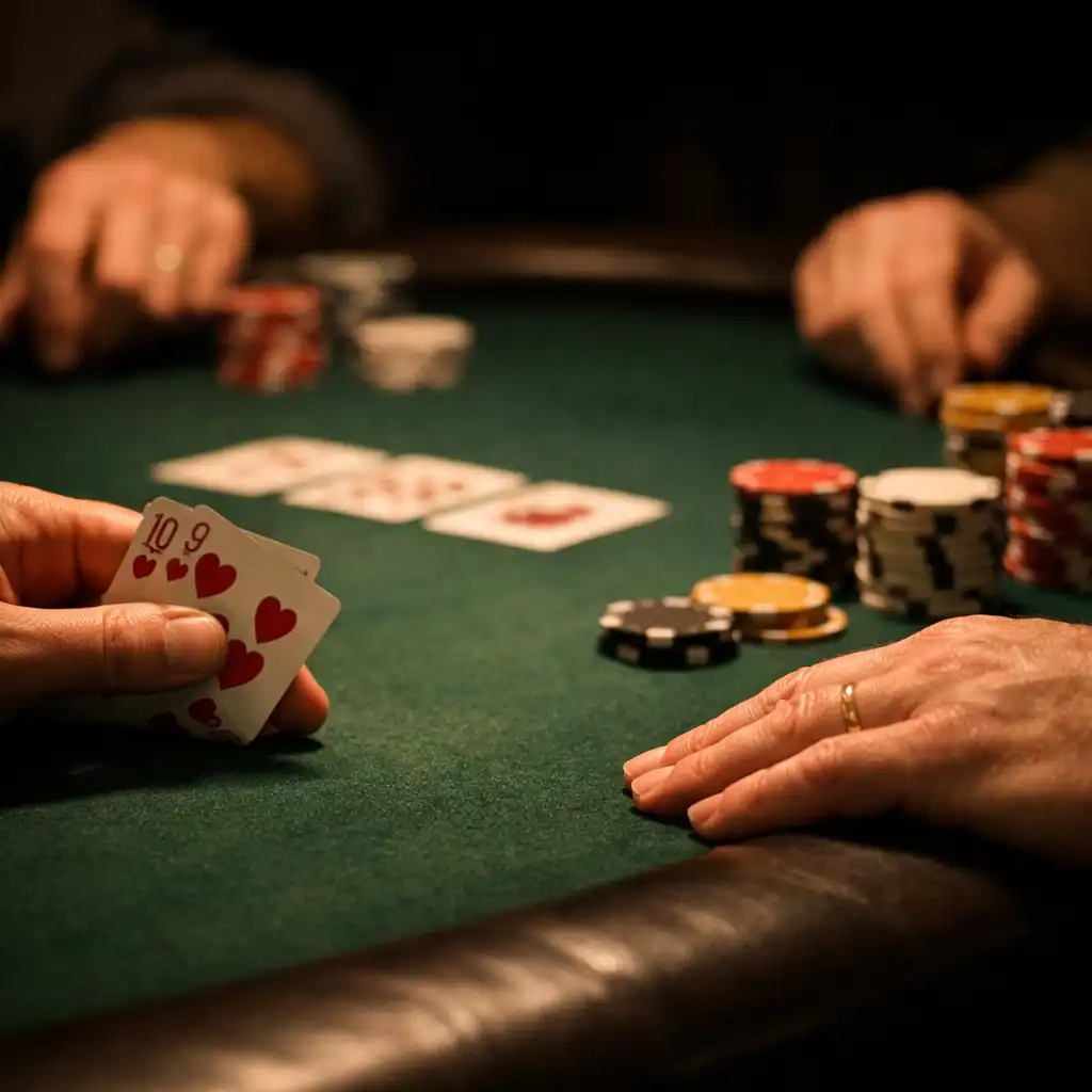 Detail rukou dospělých účastníků s kartami u tmavého pokerového stolu