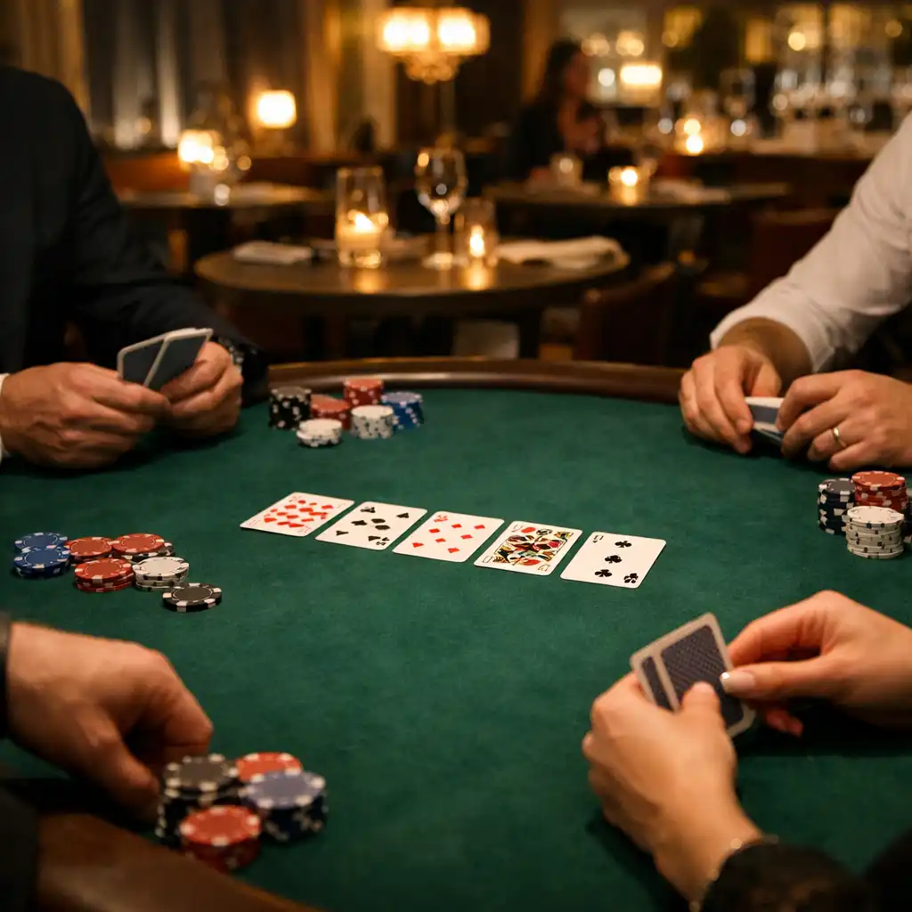 Fyzický pokerový stůl s kartami, několika žetony a rukama účastníků v elegantním tmavém prostoru