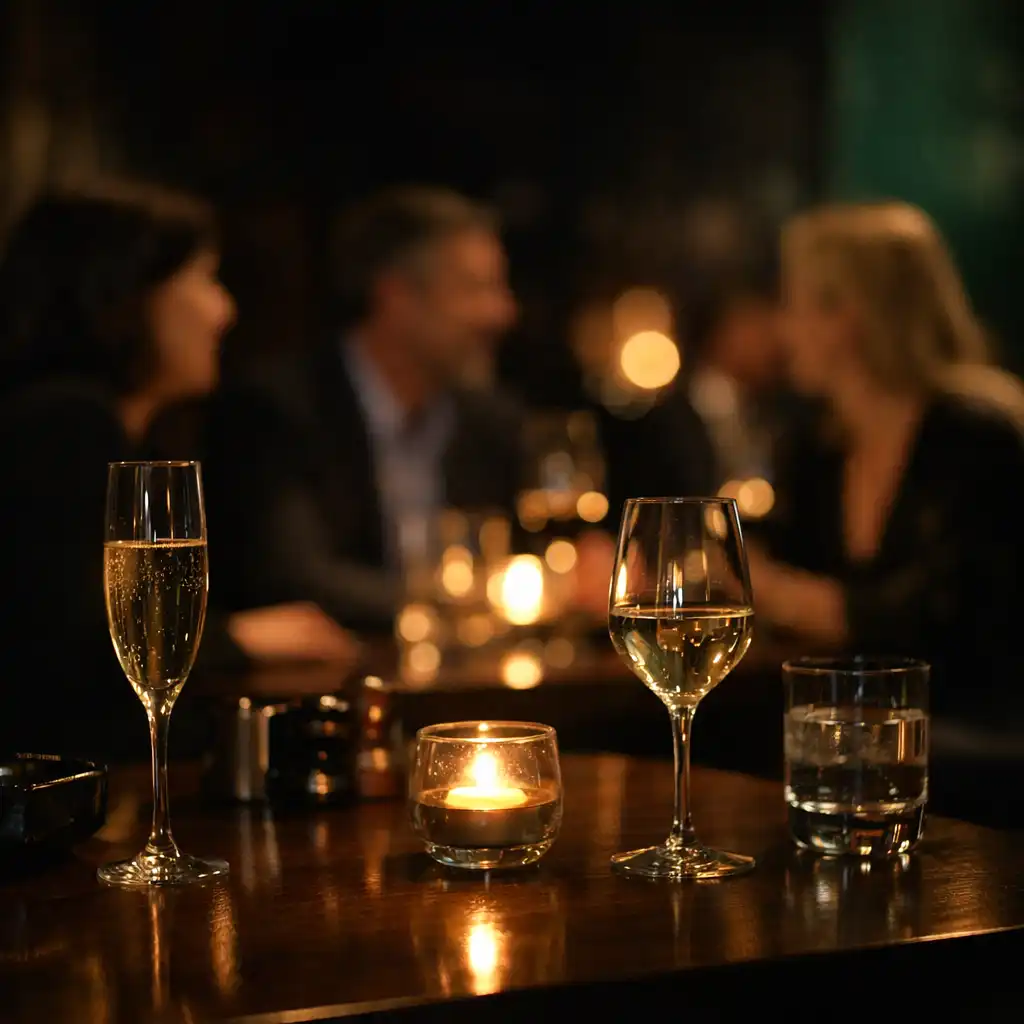 Rozostřená společenská atmosféra dospělých hostů u stolu v elegantní tmavé restauraci