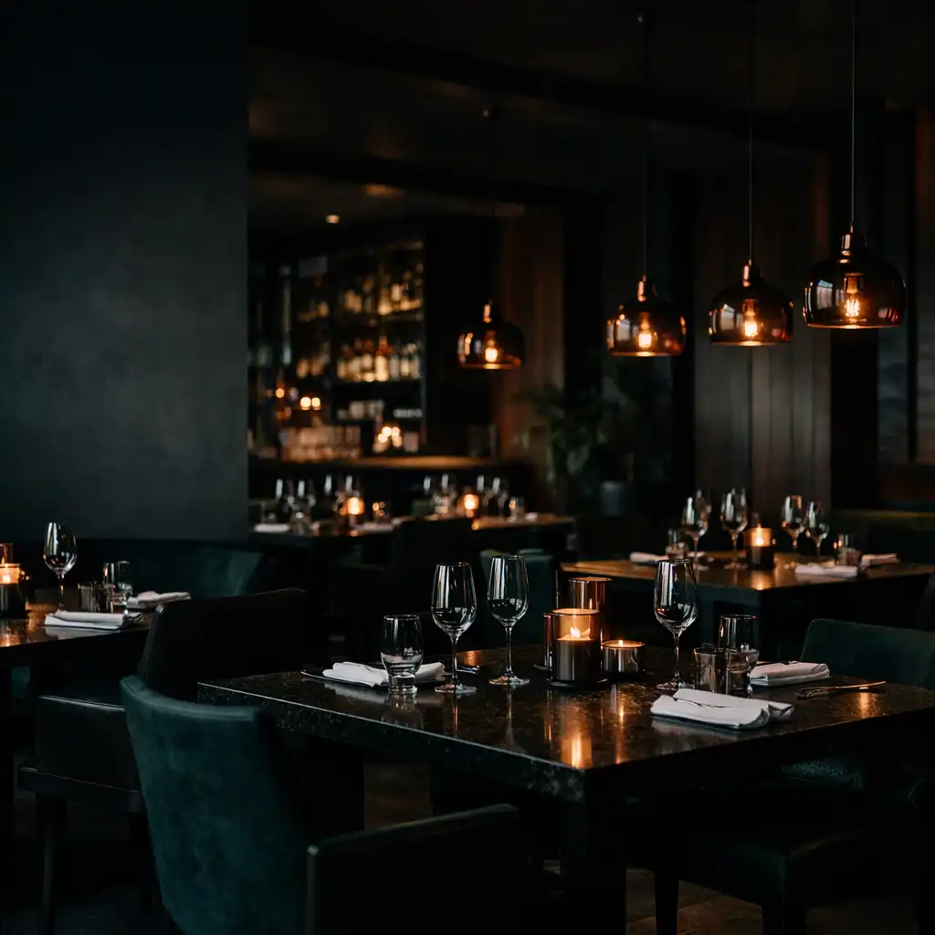 Večerně nasvícený interiér restaurace s připravenými stoly a teplými závěsnými světly