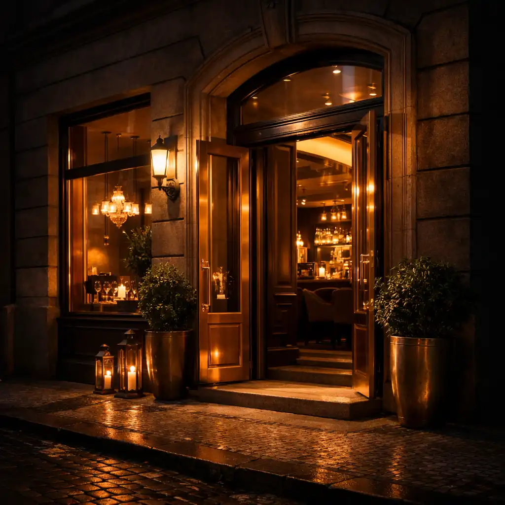 Večerně osvětlený vstup do restaurace Českýpoc Hutkový