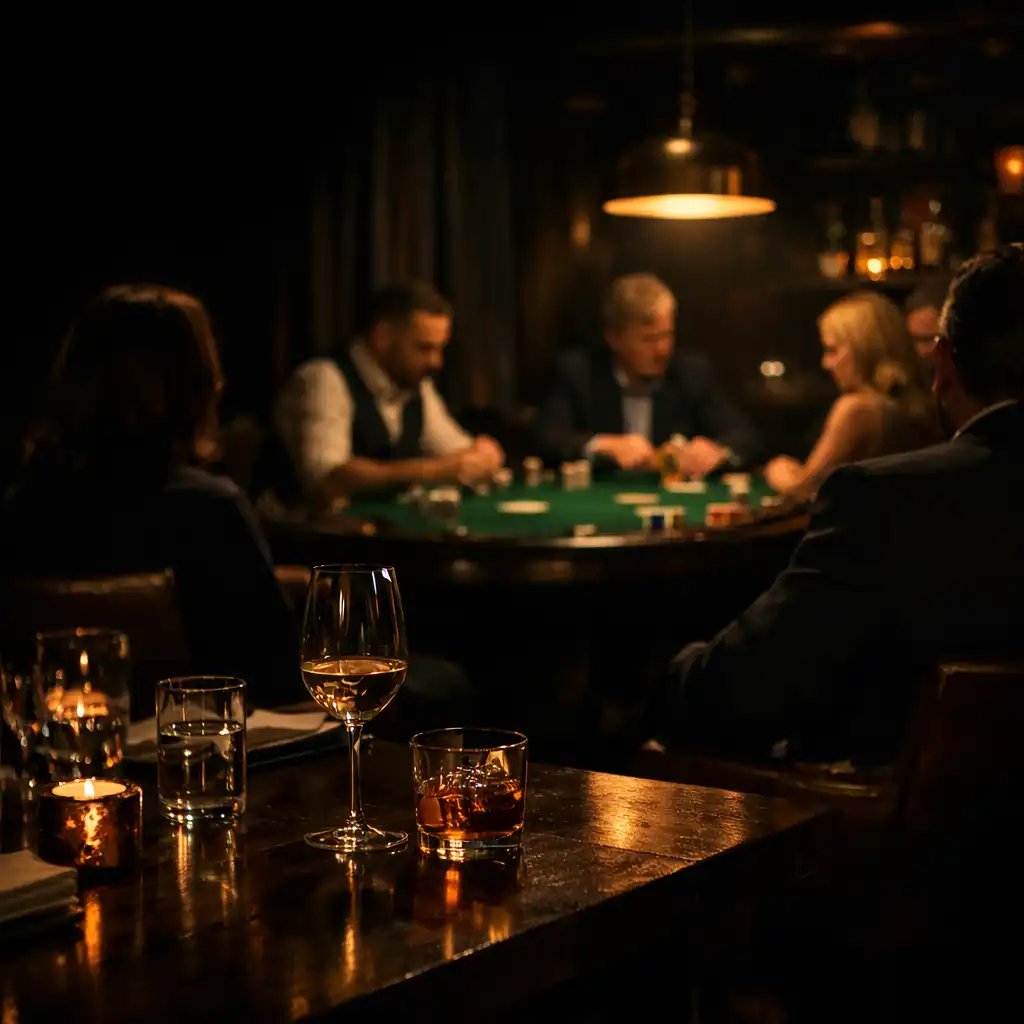 Večerní interiér restaurace s hosty a fyzickým pokerovým stolem v pozadí