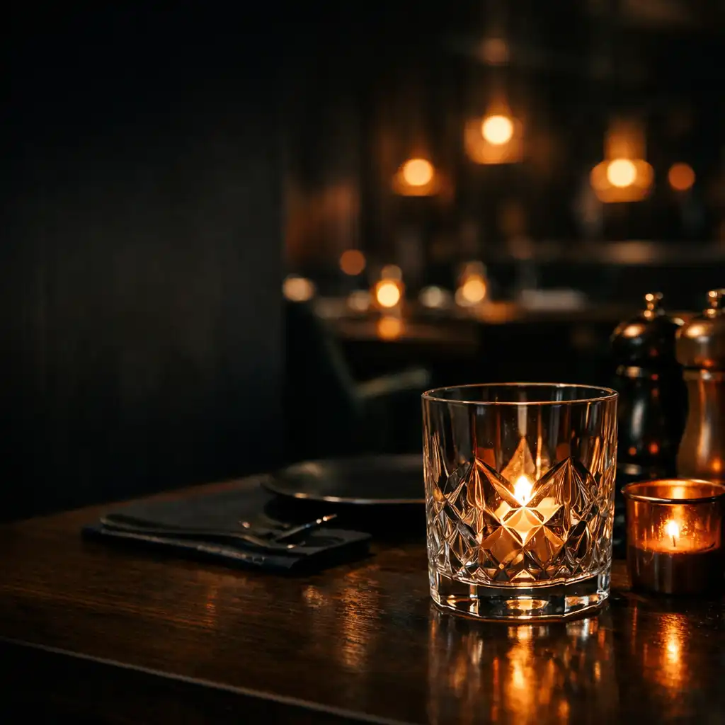Večerně prostřený stůl se sklenicí v tlumeném světle restaurace