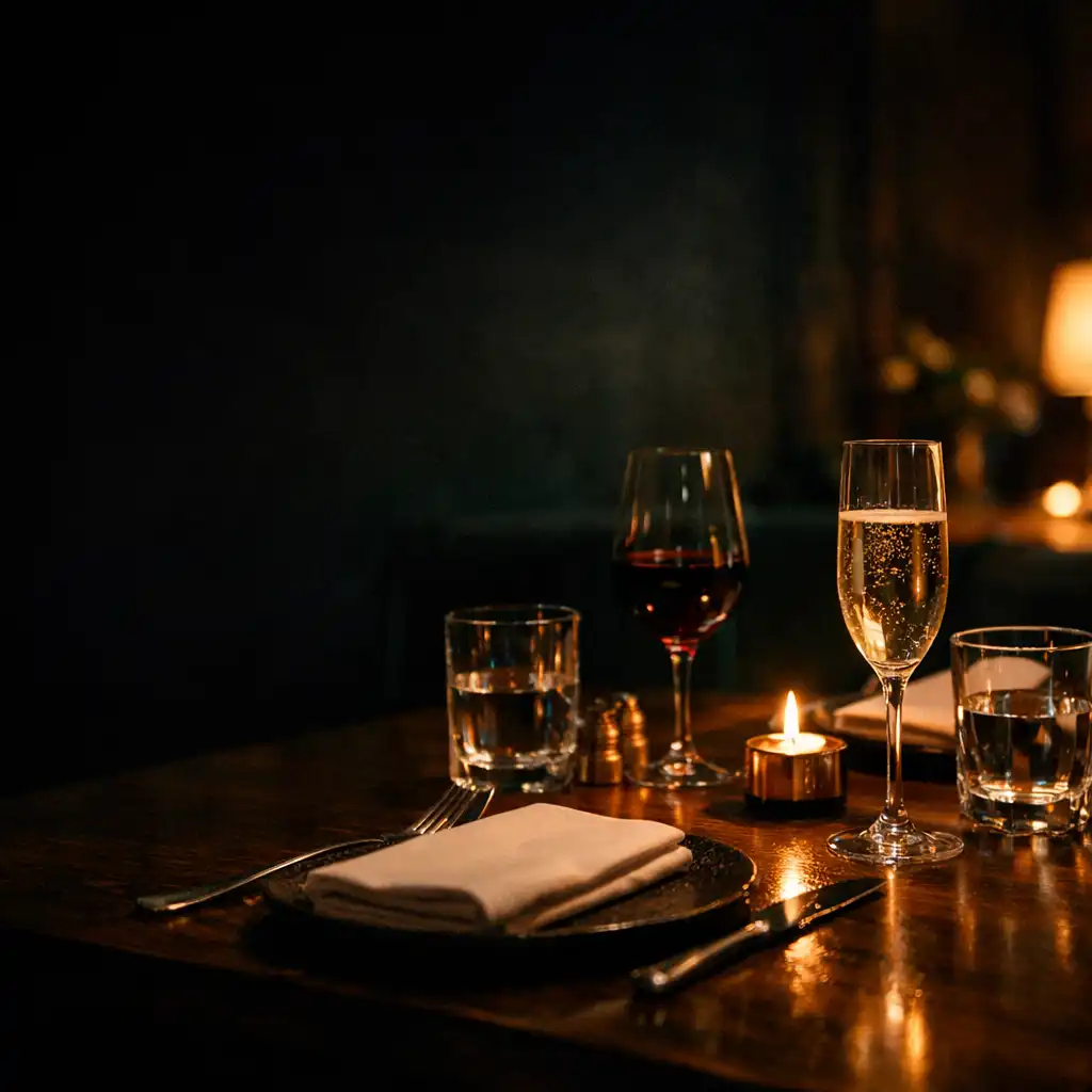 Večerně prostřený tmavý stůl se sklenicemi v intimní restauraci