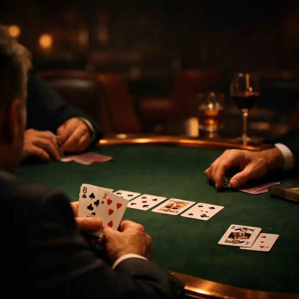 Dospělé ruce u fyzického pokerového stolu v tlumeném večerním světle