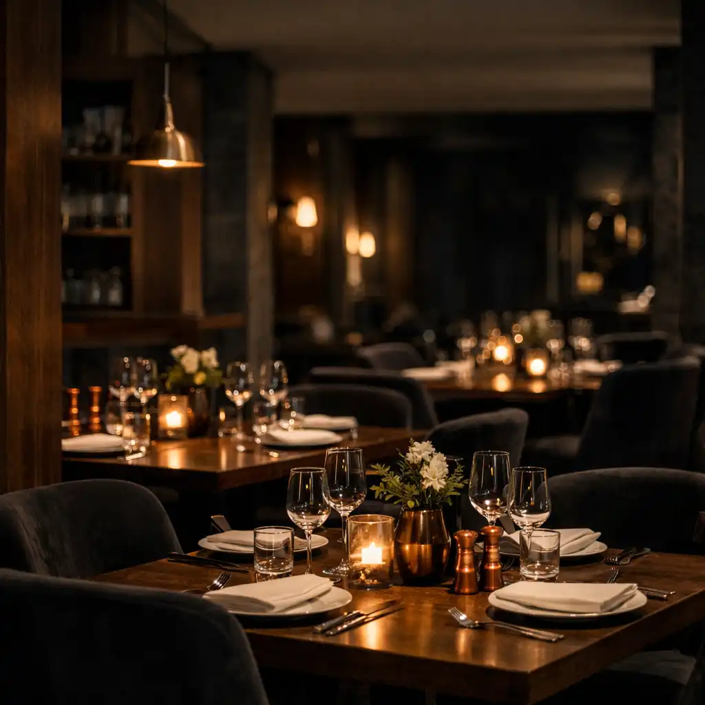 Tlumeně osvětlený interiér restaurace s fyzickými stoly a židlemi