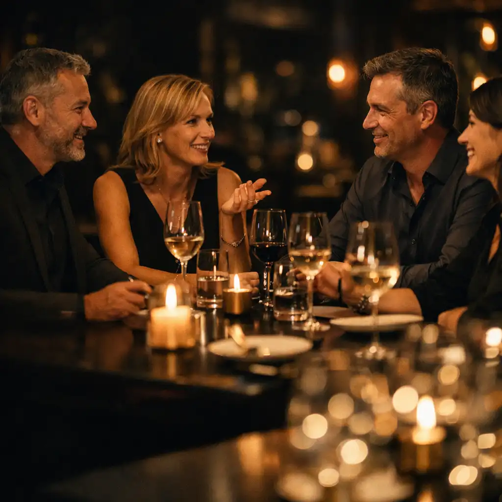 Dospělí hosté při večerním rozhovoru v elegantní tmavé restauraci