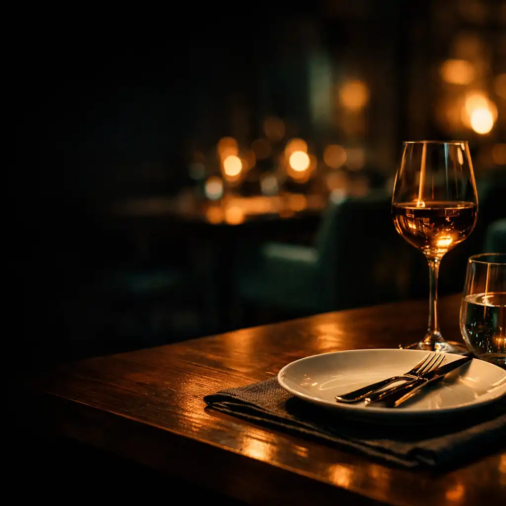 Večerně prostřený stůl se sklenicemi v tlumeně osvětlené restauraci